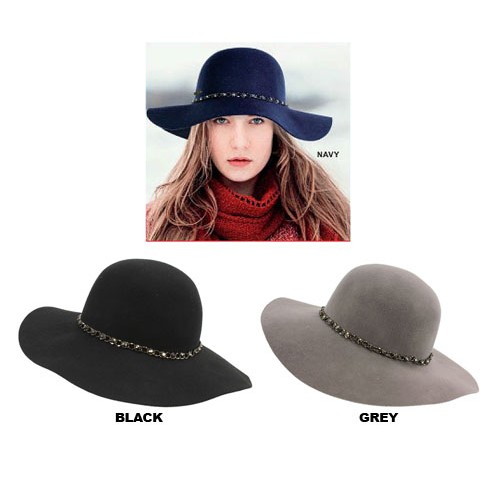 Wool Felt Big Brim Hats w/ a Rhinestone Chain Band - HT-FW-1